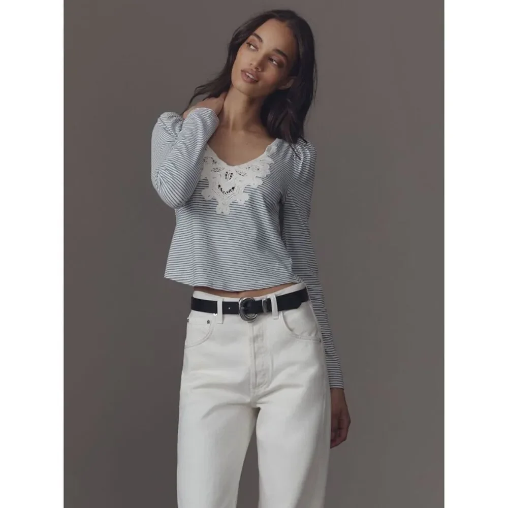 ANTHROPOLOGIE MAEVE Lace Detail Puff-Shoulder Long-Sleeve Knit Top Blue Stripe